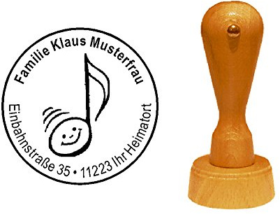Stämpel trästämpel adressstämpel MUSIK NOTE diameter ca Ø 40 mm – med personlig adress och motiv – musiker kompositör gitarrist musikskola lärare