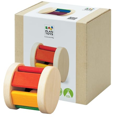 PlanToys Hochet Bébé - Rouleau Arc-en-Ciel - Hochet en Bois avec Son Doux en Roulant - Jouet en Bois pour Bébé dès 6 Mois - Cadeau de Naissance et Jeu de Motricité - Classique