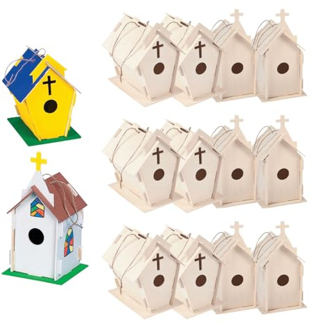 Fun Express DIY Church Birdhouse Craft Kits for Kids Ages 8-12 - Wooden Bird Houses to Paint 12 Pack | Unfinished Wood Crafts for Spring & Summer | Bulk Party Favors for Classroom & Camp Projects