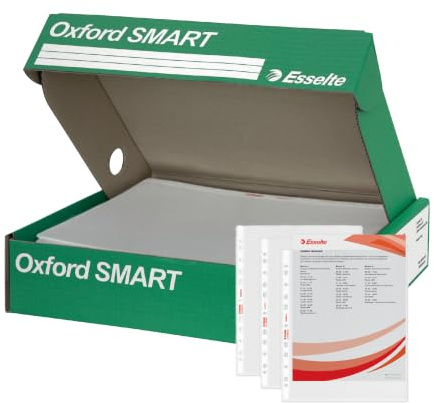 Esselte OXFORD SMART Buste per raccoglitori a perforazione universale A4 Standard, 400 pezzi (4 x 100), PP Antiriflesso, con Scatola Multiuso
