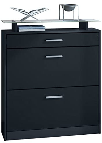 Vladon Schuhschrank Loret, Schuhkipper für 16 Paar Schuhe mit 2 Klappen und 1 Schublade und Glasablage, Schwarz matt/Schwarz matt (89 x 104 x 23 cm)