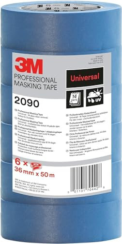 3M Pro 2090 Cintas de Enmascarar, Multisuperficie - 6 Rollos, 36 mm x 50 m - Cinta Adhesivapara Pintores, para Pintar y Decorar, Interior y Exterior