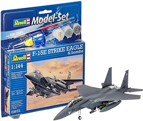 Revell Model Set 63972 F-15E Strike Eagle & Bombs 1:144 Scale Unbuilt/Unpainted Plastic Model Kit with Contacta Professional Glue, Paintbrush & Selected Aqua Color Paints