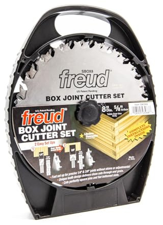 Freud 8 Box Joint Cutter Set with Tico Hi-Density Carbide for Perfect Square Joints - Includes 2 Blades, 1/4 & 3/8 Groove Widths, 5/8 Arbor, Anti-Kickback Design - SBOX8