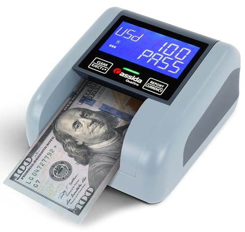 Cassida Quattro Fast Automatic Currency Counterfeit Detector with Advanced Sensors (UV,MG,IR,MT,Thickness,Size) - All-Orientation Feeding - Rechargeable Battery - 3.5 Value (Pass/Fail + UV/MG)