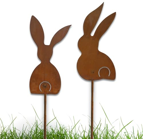 Rostikal 2er Set Osterhase Gartenstecker 15 x 10 cm mit 40 cm Stab Edelrost Gartendeko Osterdekoration