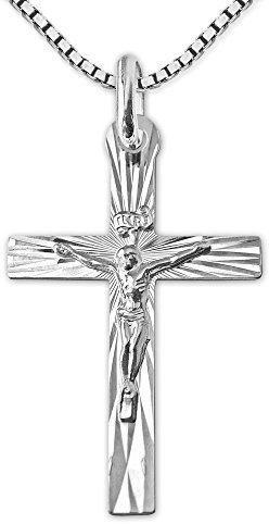 CLEVER SCHMUCK - Ensemble de couleur argent avec pendentif croix 33 mm avec Jésus en forme de rayons d'or et chaîne vénitienne 45 cm en argent 925, Argent sterling