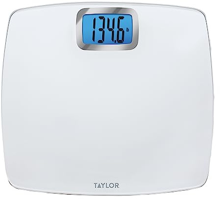 Taylor Digital Scales for Body Weight, Extra high 440 LB Capacity, Unique Blue LCD, Bright White Finish Extra LargePlatform, 12.2 x 13.5 Inches, White