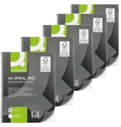 Q-Connect Ruled Margin Spiral Soft Cover Notebook 160 Pages A4 (5 Pack) KF01072