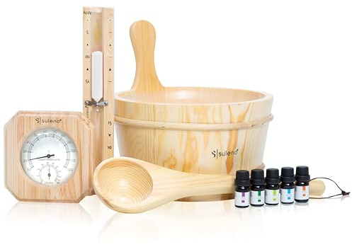 Suleno® Saunazubehör Set 10-teilig – Komplettes Sauna Set mit Saunakübel, Saunakelle, Klimamesser, Sanduhr, Duftkonzentrat für den perfekten Saunagang