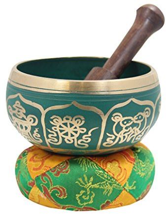 Gorgeous Meditation 8 Lucky Symbols Singing Bowl/Cushion/Mallet (Green)
