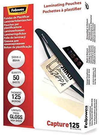 Fellowes Laminierfolien Format 54 x 86 mm, 125 Mikron (2 x 125 mic), glänzend, 50 Stück