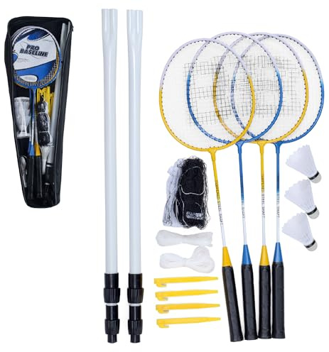 Baseline Set da Badminton per 4 Giocatori, Include 4 Racchette, 2 volani, Rete e Pali, Gioco da Giardino all'aperto per Bambini e Famiglie, Portatile con Borsa per Il Trasporto