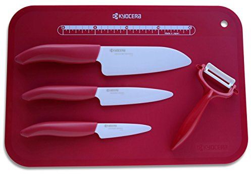 Kyocera Keramikmesser Set- 3 Messer Griff rot + Keramikschäler + Schneidunterlage Fb. rot