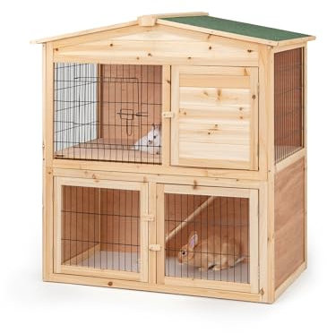 lionto Kaninchenstall aus Holz auf Zwei Etagen mit Rampe, 98x54x100 cm, wasserabweisendes Bitumendach & Metallgitter, Hasenstall Winterfest für draußen mit 4 Eingängen