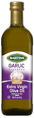 Mantova Garlic Extra Virgin Olive Oil (EVOO), Cold-Pressed and Imported from Italy 34 oz Glass Bottle - Flavorful Topping for Salads, Vegetables, and Pasta Dishes - Ideal for Dipping Italian Bread or Pan Frying - Convenient and Versatile (Pack of 2)