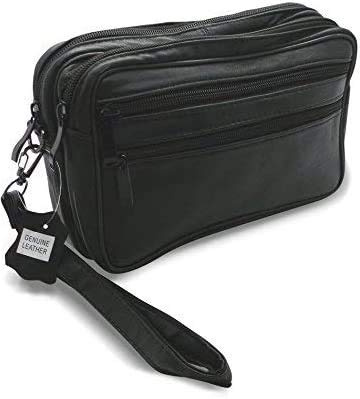 MACEMARO TRADING Sacoche XXL en cuir à poignée pour hommes - Sac à main, sac bandoulière, sac ceinture, sac à poignet, fermeture éclair, noir pour hommes, bracelet de poignet, sangle de main