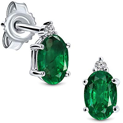 Miore Ohrringe Damen 0.02 Ct Diamant ovale Ohrhänger mit Edelstein/Geburtsstein Smaragd in grün aus Weißgold 9 Karat / 375 Gold, Ohrschmuck mit Diamanten Brillanten