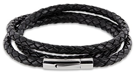 Auroris Echtleder Kette/Armband geflochten 5MM Farbe: schwarz mit Hebeldruckverschluss aus Edelstahl - Länge: 55cm