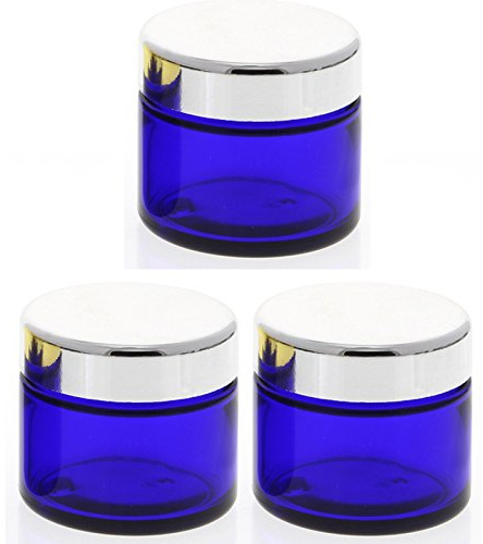 Blau Glas-Tiegel 50ml mit Deckel Silber, Leere Kosmetex Glas Creme-Dose, Kosmetik-Dose aus Blauglas, Blau - Silber, 3 Stück