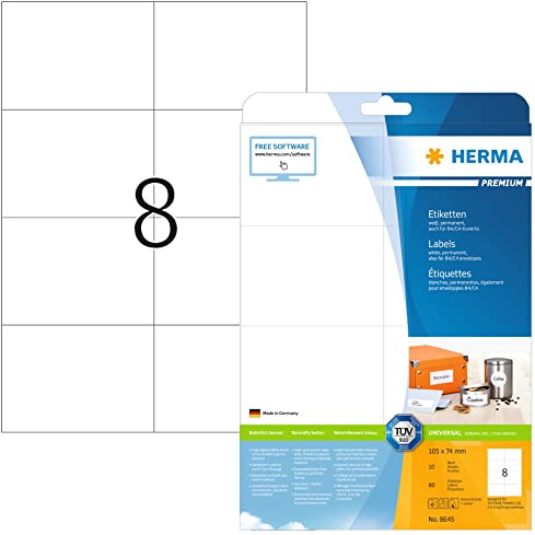 HERMA 8645 Versandetiketten, 10 Blatt, 105 x 74 mm, 8 pro A4 Bogen, 80 Stück, selbstklebend, bedruckbar, matt, blanko Papier Adressetiketten Aufkleber, weiß