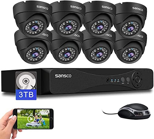 SANSCO 8 Channel 5MP CCTV Camera System + 3TB Hard Drive, (8) 3K In/Outdoor Dome Cameras (Wall/Ceiling Mounted IP66 Vandalproof, Mobile Viewing with Motion Activated Push Alert/Email, 24/7 Recording)