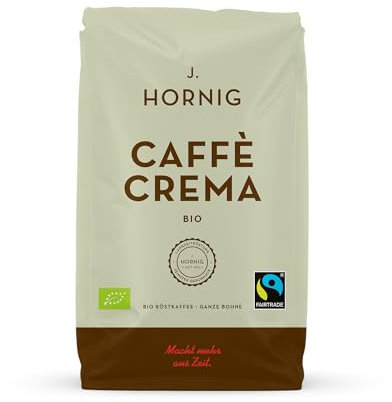 J. Hornig Café en grains Espresso Bio & Équitable, Caffè Crema Bio, 1kg de grains entiers, goût chocolaté, pour machines à café automatiques, machines à expresso et cafetières à piston