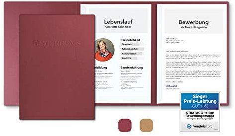 5 Stück 3-teilige Bewerbungsmappen Bordeaux mit 2 Klemmschienen in feinster Lederstruktur - hochwertige Prägung ''BEWERBUNG'' - direkt vom Hersteller STRATAG