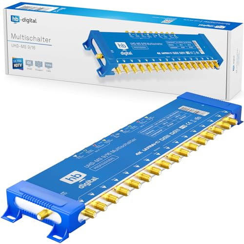 hb-digital 9/16 Multischalter mit externem Netzteil für 16 Teilnehmer und 2 Satellit – nur für Quattro LNB geeignet UHD 4K Full HD DVB-S/S2 – terrestrischer Eingang – vergoldete F-Anschlüsse