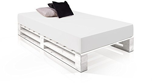 PALETTI Massivholzbett Duo Holzbett Palettenbett Bett aus Paletten mit 11 Leisten, Palettenmöbel Made in Germany, 90 x 200 cm, Fichte Weiss