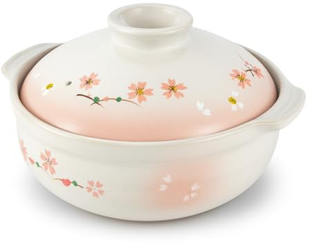 JapanBargain, Clay Pot for Cooking Japanese Donabe Hot Pot Casserole Korean Earthenware Pot with Lid, Sakura Pattern, 7-inch, Serving 1-2 People (No.06)