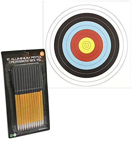 G8DS Set: 12 Pfeile für Pistolenarmbrust Aluminium 6,5 Bolzen Alu + 10 Papierzielscheiben 40 cm x 40 cm 280 gr Armbrust Bogensport
