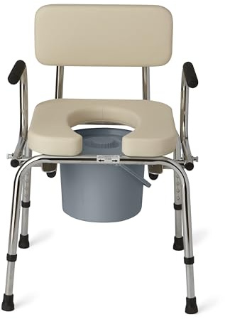 Medline Drop Arm Commode with Padded Seat and Backrest, Durable Toilet Chair for Adults and Seniors, Removable Pail, Splash Guard, Drop Down Arms for Easy Transfer, 350 lb. Weight Capacity, Tan