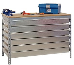 Simon Rack Banco de Trabajo Taller, Capacidad Carga 600 kg, 842x1210x760 mm, Mesa de Trabajo, 6 Cajones, Gris/Madera - BT5