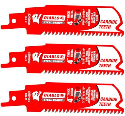 Diablo Steel Demon Carbide Teeth Reciprocating Saw Blades with Perma-Shield Coating for Thick Metal - 4 Length, 8 TPI, 3-Pack - DS0408CF3