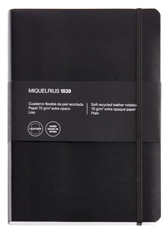 Miquelrius - Cuaderno flexible sin índice de piel reciclada A5+ (152 x 210 mm), 100 hojas, Papel liso de 70 g/m², Con goma elástica, Fabricado en España, Color negro