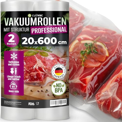 culivac 2 Rouleaux sous Vide Alimentaire 20x600cm Professional pour Appareil de Mise sous Vide de Toutes Les Marques sous videuse, Conservation, Feuille Pochette Sachet Sac Congélation, Cuisson