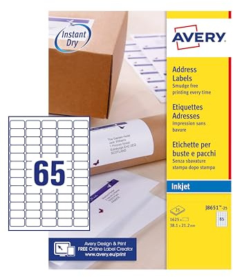 Avery Adress-Etiketten, personalisierbar, selbstklebend, Verpackungseinheit: 25 Blatt 38,1 x 21,2 mm weiß