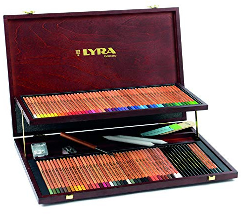 Lyra Rembrandt Polycolor Wooden Case | Sketching pencils,water-soluble Graphite Pencils,erasing knife,sandpaper block,paper wiper,kneadable eraser,sharpener