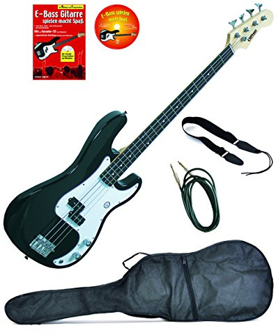 E-Bass P-Style, schwarz, inkl. Klinkenkabel, Gurt, gepolsterte Tasche mit Notenfach, Lehrbuch Karaoke CD
