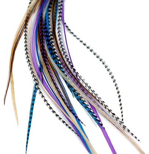 Extensiones de pelo de plumas reales + anillos/lazo - Midnight Naturals (8 Plumas)