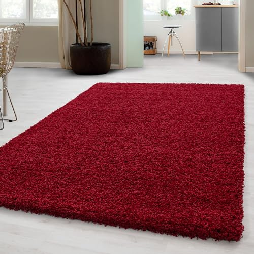 Carpetsale24 Shaggy Hochflor Teppich 80x150 cm Rot weich flauschig modern einfarbig Ideal für Flur oder Kinderzimmer für Wohnzimmer Schlafzimmer Flur