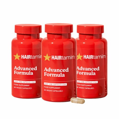 HAIRtamin Advanced Formula Hair Growth Supplement for Women & Men, Supports Stronger, Longer, Visibly Thicker Hair, With 5000 mcg Biotin, Vitamins & Antioxidants, 100% Vegan – 3 Month Supply