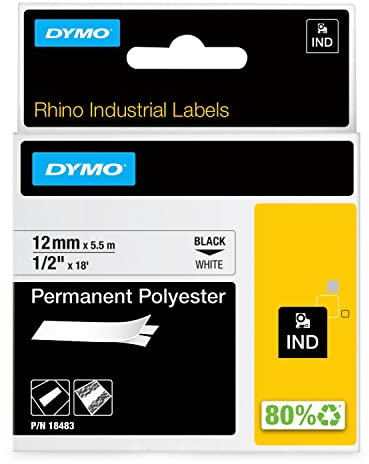 DYMO Rhino Industrie Permanente Polyesteretiketten | 12 mm x 5,5 m | Schwarz auf Weiß | selbstklebendes Schriftband | für DYMO Rhino und LabelManager Beschriftungsgerät