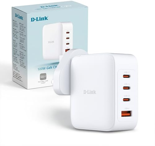 D-Link DCP-101 Cargador USB GAN 100W – Cargador rápido de 4 Puertos con USB-C PD 3.0 y QC 4.0 – Adaptador Compacto para portátil, móvil y Tablet – Enchufe EU