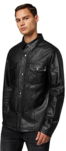 RICANO Mens Shirt, Herren Lederhemd, Lamm Nappa Echtleder (schwarz) (L)