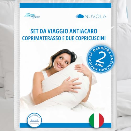 Allergosystem Set da Viaggio Coprimaterasso Antiacaro Matrimoniale 170x200cm e 2 Federe Cuscino Letto con Cerniera 50x80cm MADE IN ITALY - Biancheria da Letto per Trasferte e Vacanze - Linea Nuvola