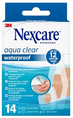 Nexcare Aqua Clear Waterproof Plasters , Assorted Sizes, 14 Plasters per Pack, Waterproof for Wounds and Minor Scratches, Bandages for First Aid Kits