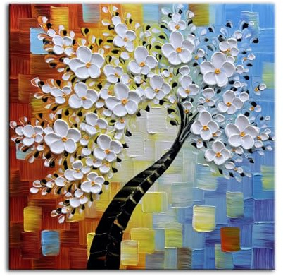 YaSheng Art - 24x24inch Wall Art,Hand Painted oil painting, Modern Abstract Floral Oil Painting, Dining Room Wall Decor, Bedroom Wall Decor, 3D Textured Framed White Floral Paintings, Modern Home Office Wall Decor