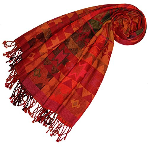 Lorenzo Cana Damen Pashmina Schaltuch aus 90% Baumwolle mit 10% Wolle Stola Damenschal Naturfaser Schal handgewebter Markenschal mit Fransen in Rottönen 70 cm x 180 cm - 78344